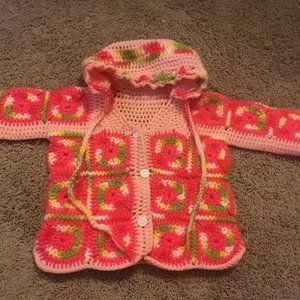 Vtg Granny Square Crochet Hooded Sweater Cardigan